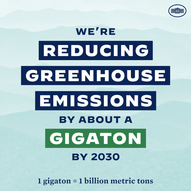 Plakat mit Text und Logo, das 'Wir reduzieren die Treibhausgasemissionen um etwa eine Gigatonne bis 2030' fordert.