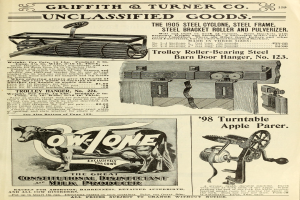 Eine alte Werbung mit einer zentralen Kuh und einer Maschine auf jeder Seite sowie einem auffälligen Text, der von einem dekorativen Rahmen umgeben ist.