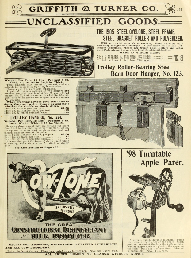 Eine alte Werbung mit einer zentralen Kuh und einer Maschine auf jeder Seite sowie einem auffälligen Text, der von einem dekorativen Rahmen umgeben ist.