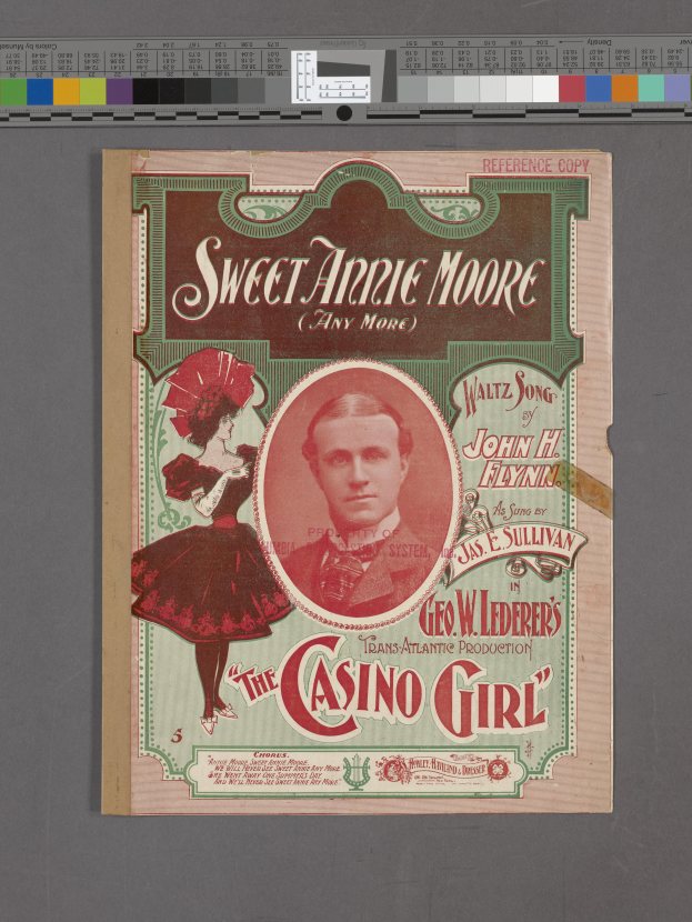 Ein hellblaues Plakat mit zwei Schauspielern, Sweet Annie Moore und der Casino Girl, mit dem Titel in fetter gelber Schrift darüber.