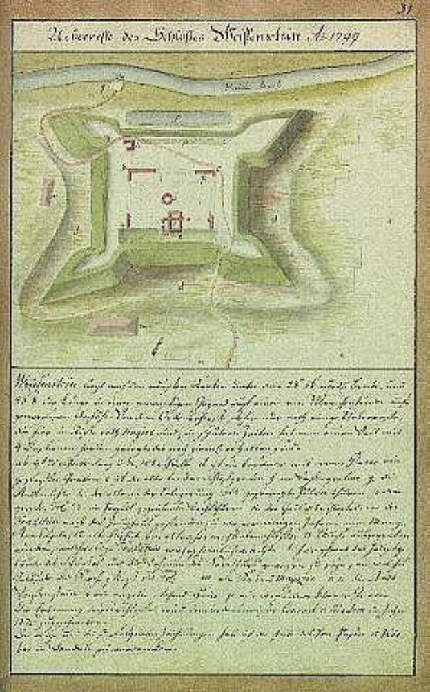 Alte Karte von Stuttgart, Deutschland, mit einer detaillierten Illustration einer Burg in der Mitte und begleitendem Text, der die Struktur beschreibt.