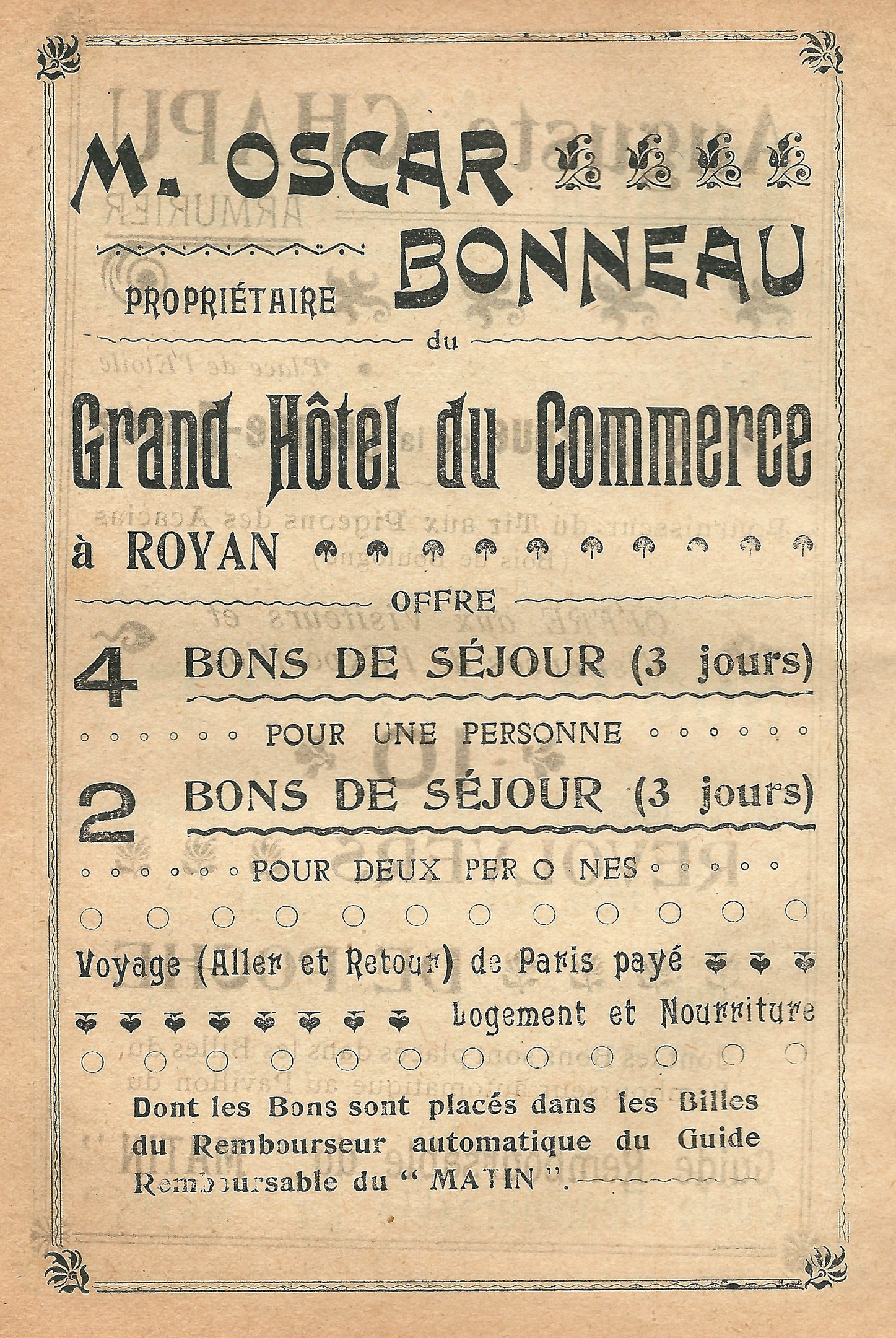 Anzeige für das Grand Hotel du Commerce in Paris, Frankreich, auf altem Papier mit Text zur Bewerbung der Hotelservices.