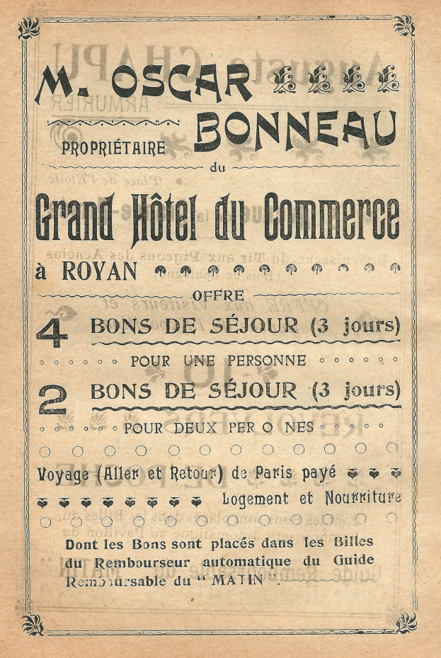 Anzeige für das Grand Hotel du Commerce in Paris, Frankreich, auf altem Papier mit Text zur Bewerbung der Hotelservices.